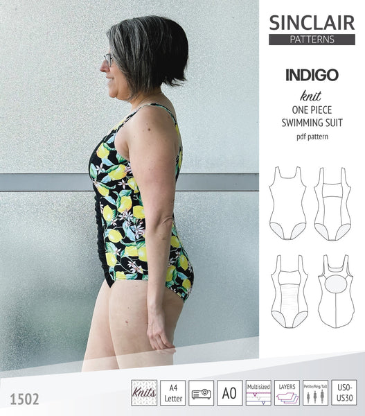 Indigo one piece swimming suit with a keyhole back and ruched