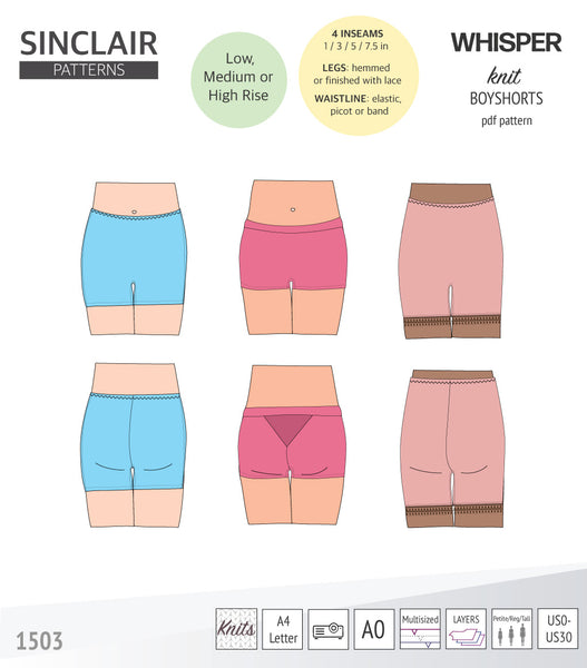 Whisper no front seam long gusset boyshorts for women pdf sewing