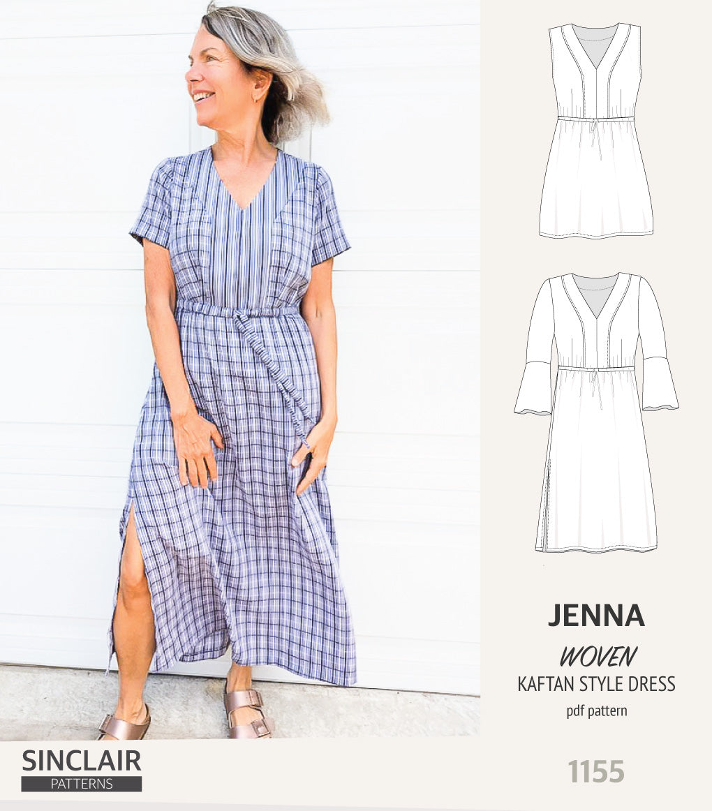 Jenna woven kaftan style dress with a V neck accent (PDF