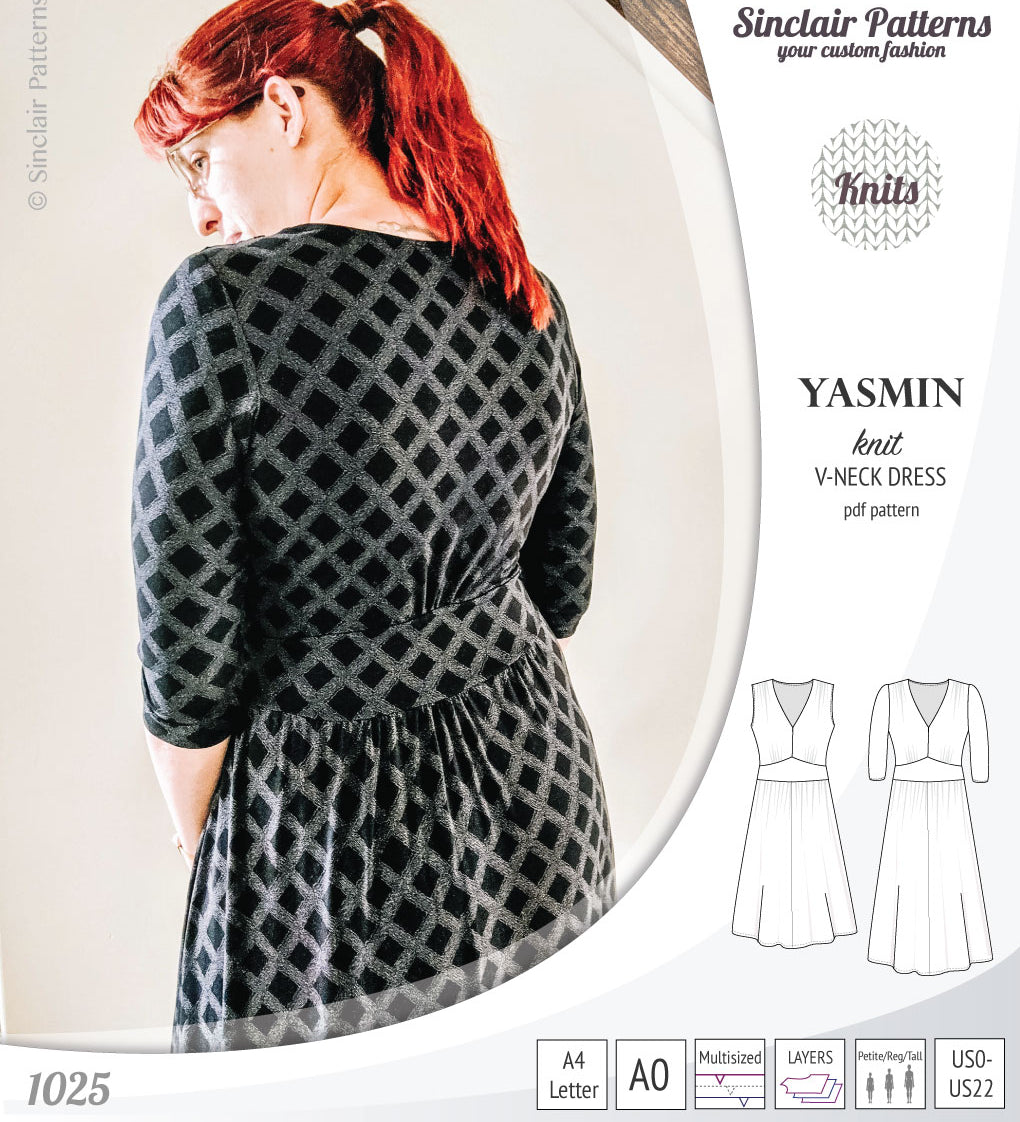 Pdf sewing patterns - S1025 Yasmin knit V neck dress with gathered or flared skirt by Sinclair Patterns