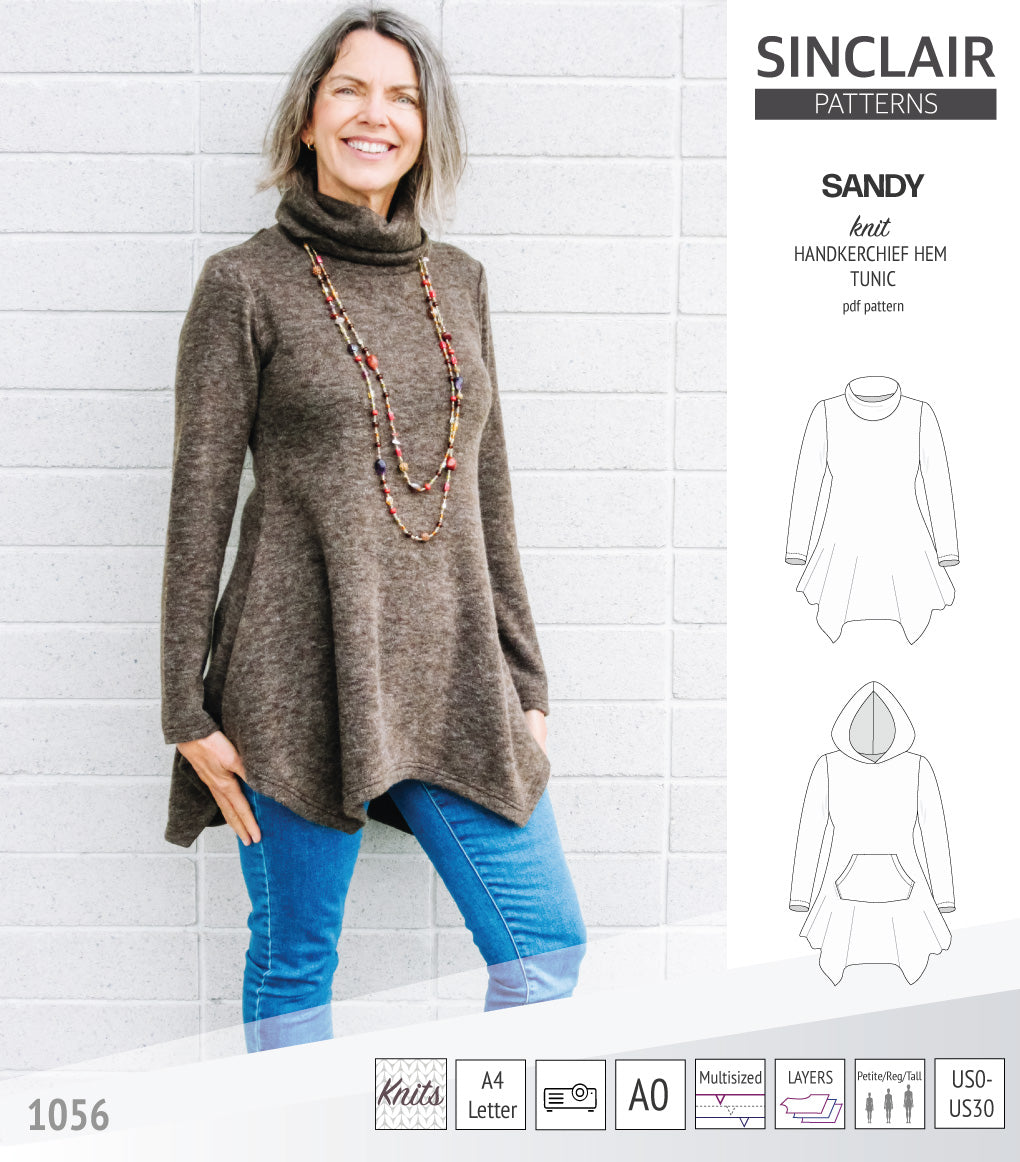 Sandy knit handkerchief hem tunic with a cowl, collar, hood and pockets (PDF) Sinclair Patterns Sandy knit handkerchief hem tunic with a cowl, collar, hood and pockets (PDF) Sinclair Patterns