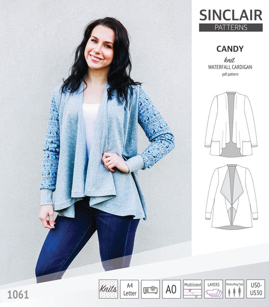 Candy relaxed fit knit cardigan with pockets and waterfall neckline (PDF)