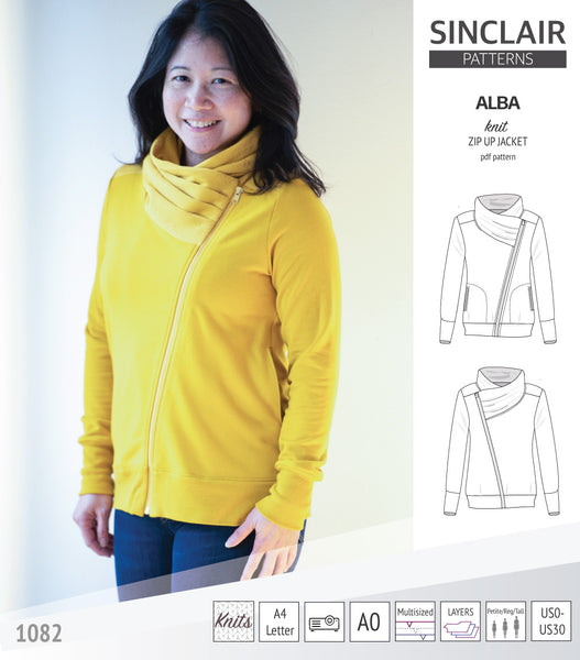 Alba zip up knit asymmetrical jacket with a cowl and side pockets (PDF -  Sinclair Patterns