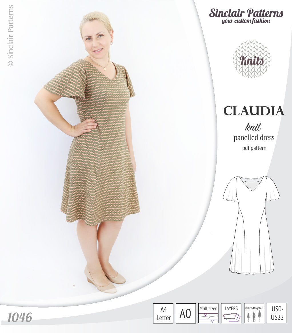Claudia godet style knit dress with flutter sleeves (PDF) Sinclair Patterns Claudia godet style knit dress with flutter sleeves (PDF) Sinclair Patterns