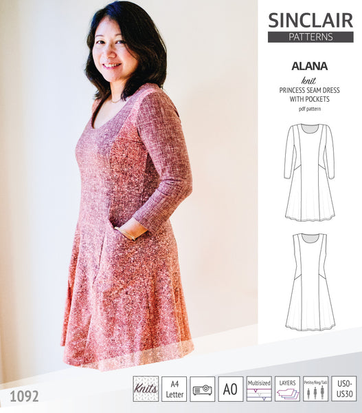 Alana princess seam knit dress with pockets pdf sewing pattern