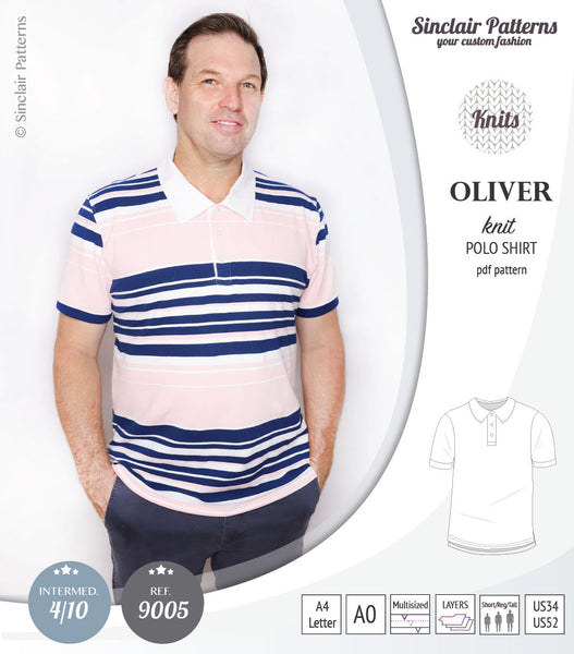 Sinclair - men shirt polo Patterns for (PDF) knit classic Oliver