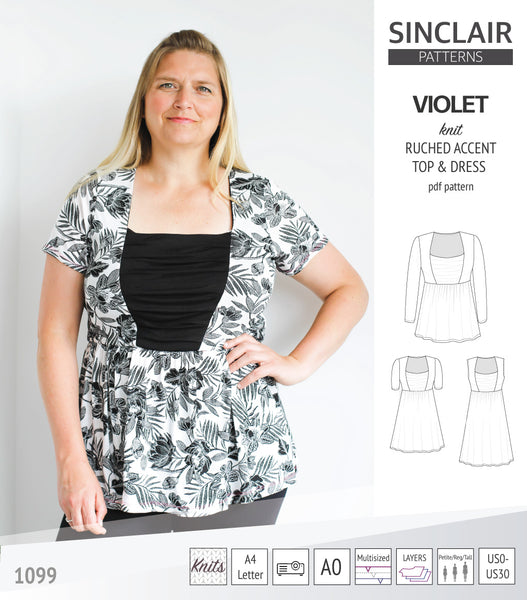 Violet ruched front accent top, tunic and dress for knit fabrics (PDF)