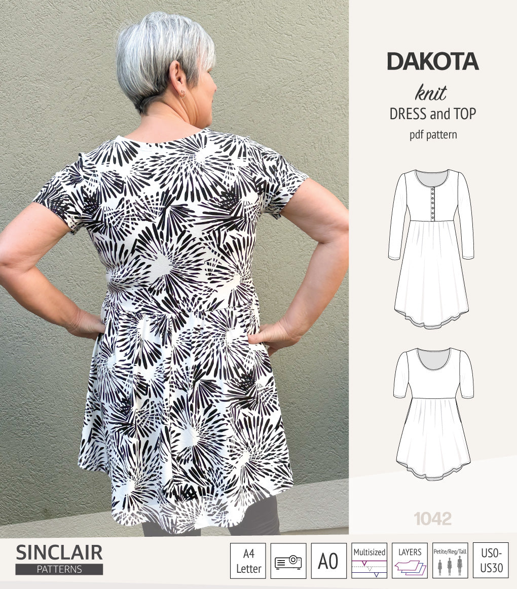 Dakota knit tunic or dress with a peplum and a placket (PDF