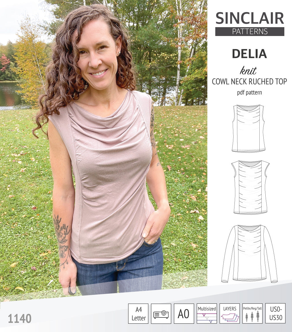 Delia cowl style neckline ruched front knit top (PDF) – Sinclair