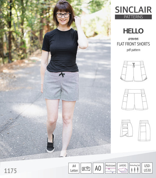 Hello flat front elastic back woven shorts with side panels (pdf