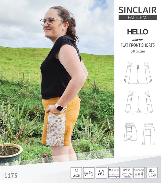 Hello flat front elastic back woven shorts with side panels (pdf sewing  pattern) - Sinclair Patterns