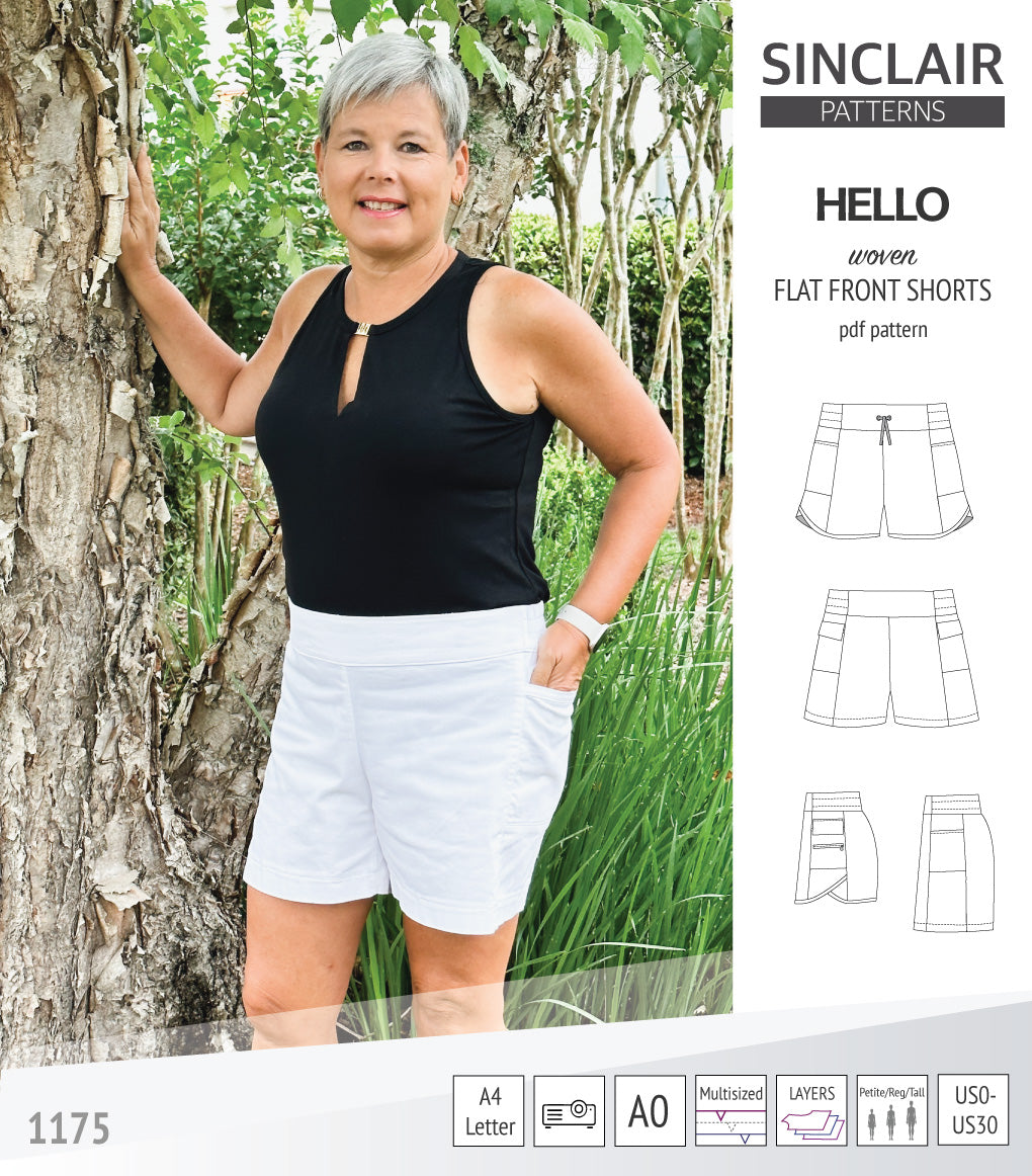 Hello flat front elastic back woven shorts with side panels (pdf sewing pattern) – Sinclair Patterns hello-flat-front-elastic-back-woven-shorts-with-side-panels-pdf-sewing-pattern-sinclair-patterns