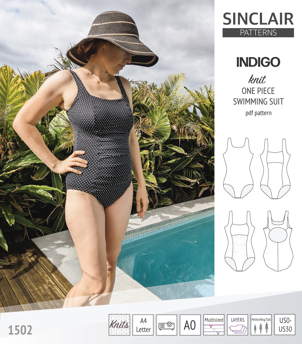 Indigo one piece swimming suit with a keyhole back and