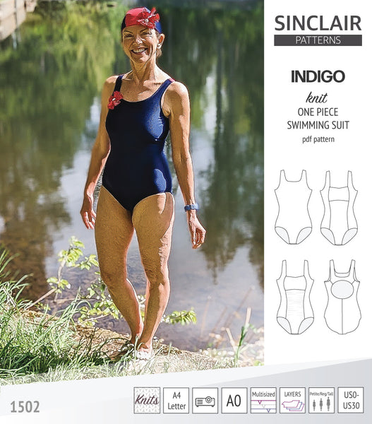 Indigo one piece swimming suit with a keyhole back and ruched front (PDF) -  Sinclair Patterns
