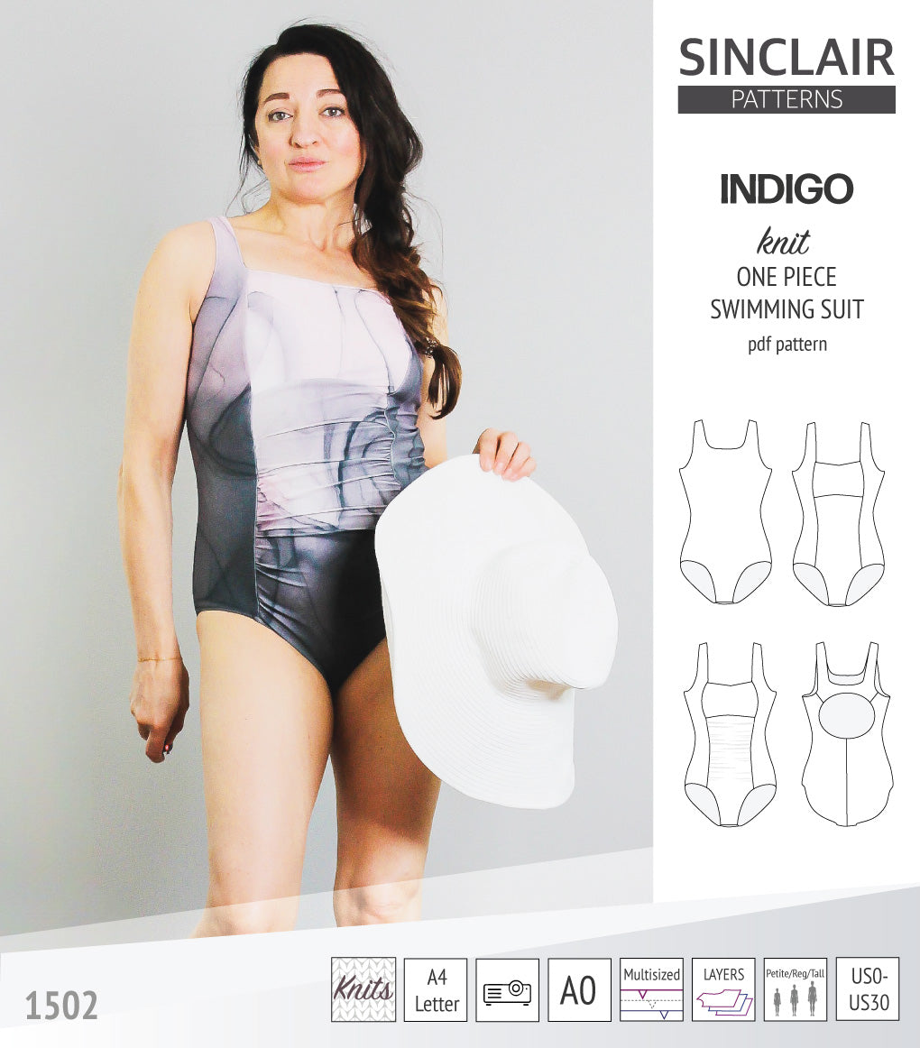 Indigo one piece swimming suit with a keyhole back and