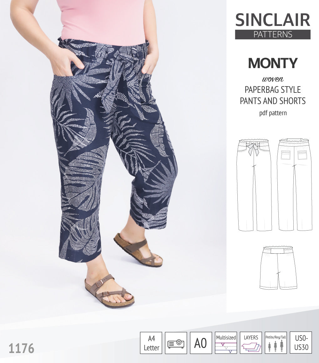 Monty paperbag style woven pants and shorts with ties (PDF)