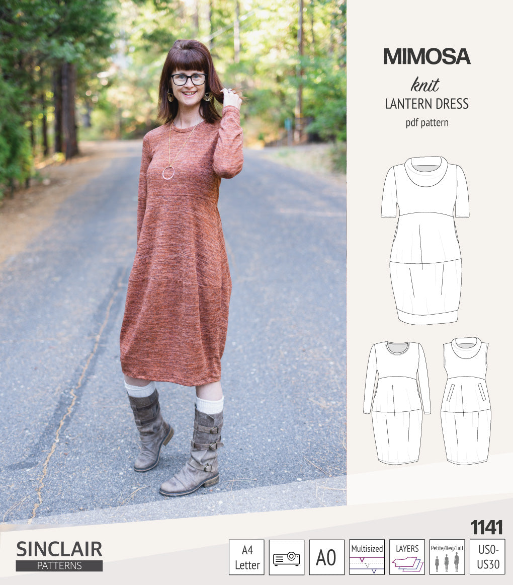 Mimosa lantern style knit dress with a cowl and pockets (PDF