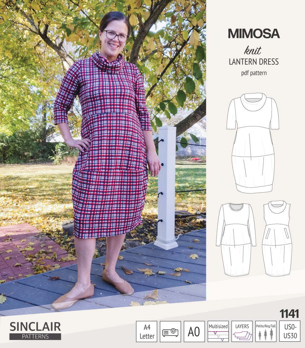 Mimosa lantern style knit dress with a cowl and pockets (PDF