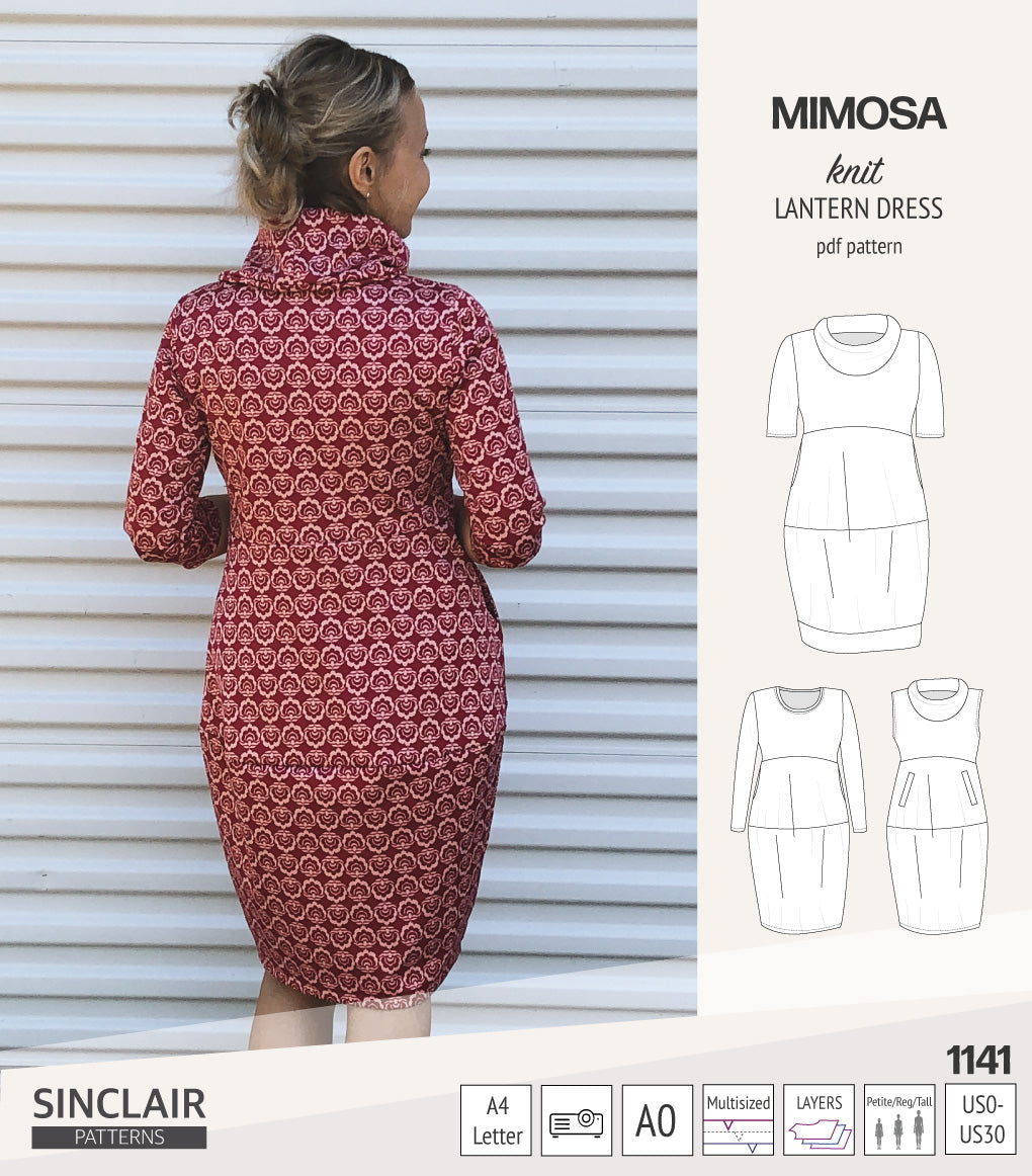 Mimosa lantern style knit dress with a cowl and pockets (PDF