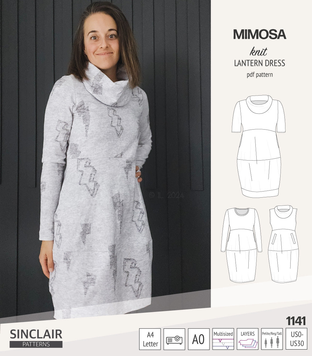 Mimosa lantern style knit dress with a cowl and pockets (PDF Mimosa lantern style knit dress with a cowl and pockets (PDF