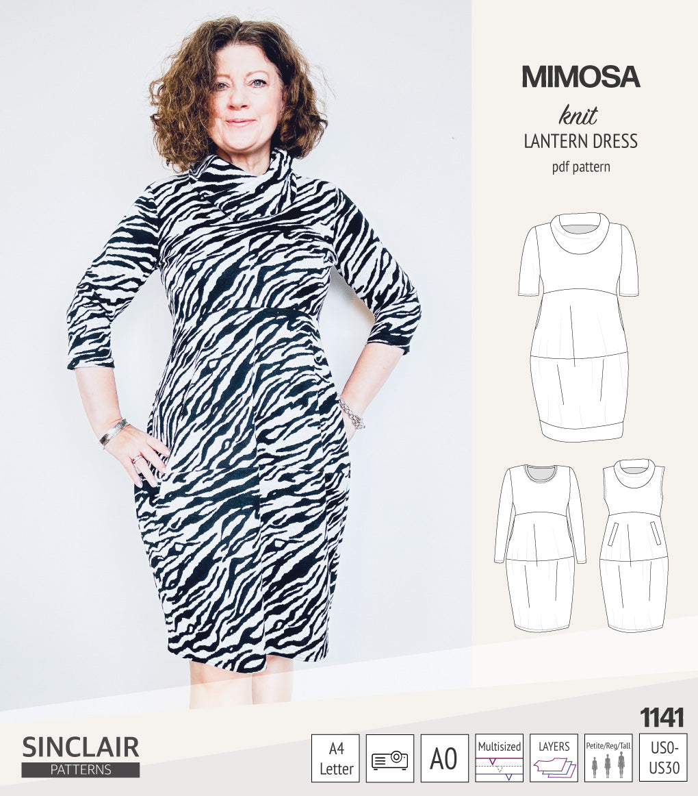 Mimosa lantern style knit dress with a cowl and pockets (PDF