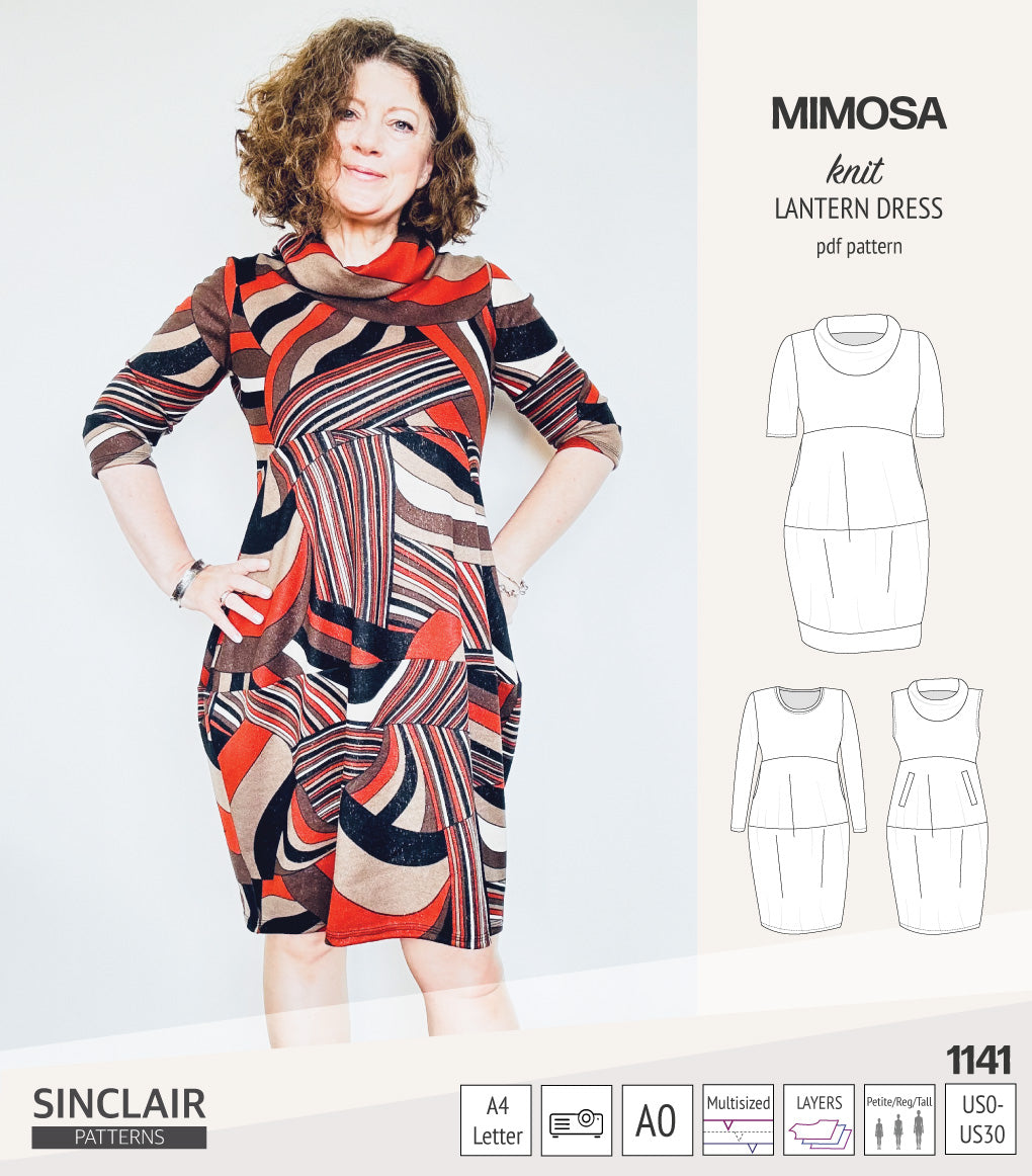 Mimosa lantern style knit dress with a cowl and pockets (PDF) Sinclair Patterns Mimosa lantern style knit dress with a cowl and pockets (PDF) Sinclair Patterns
