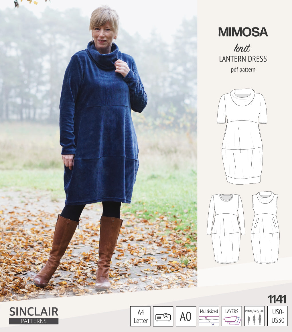 Mimosa lantern style knit dress with a cowl and pockets (PDF