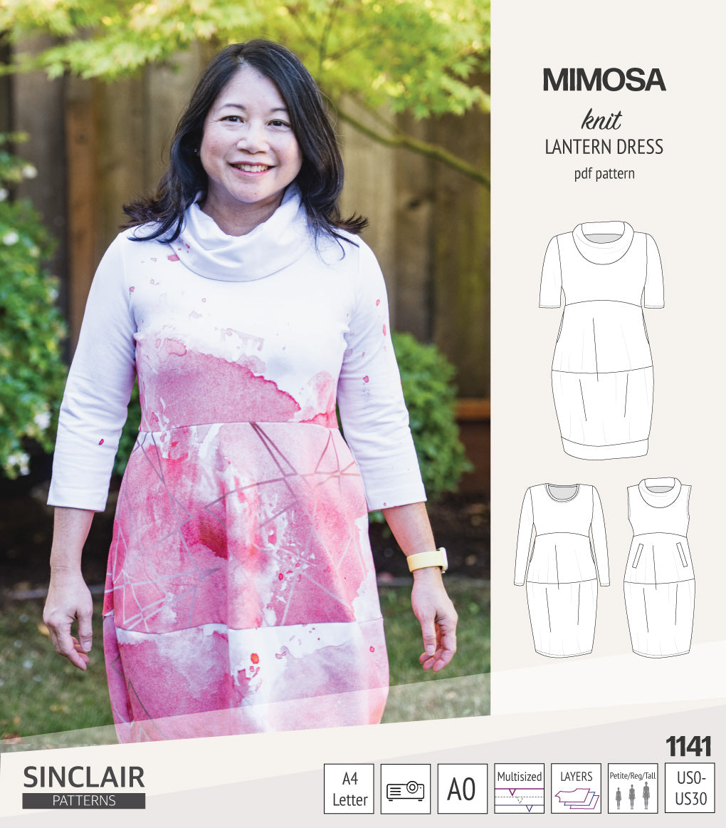 Mimosa lantern style knit dress with a cowl and pockets (PDF