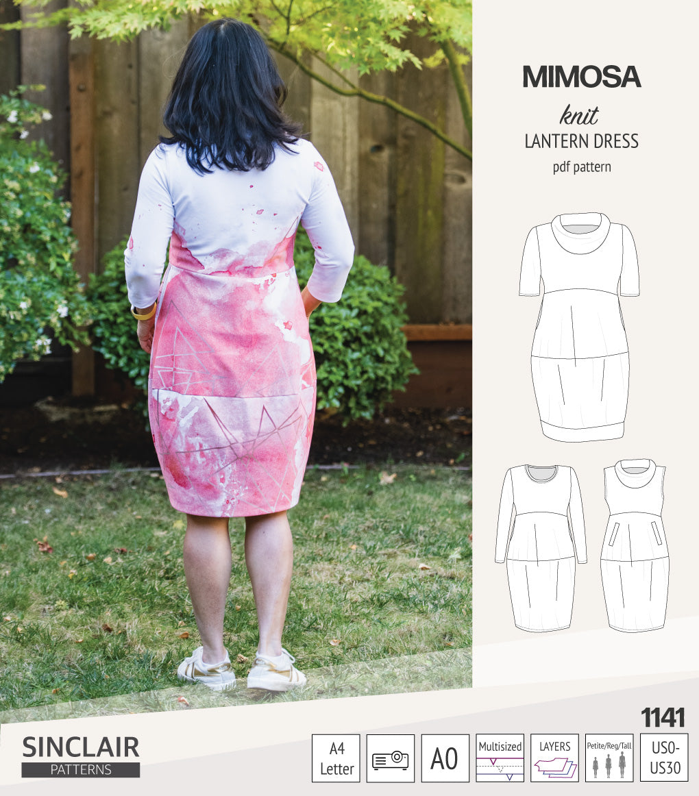 Mimosa lantern style knit dress with a cowl and pockets (PDF