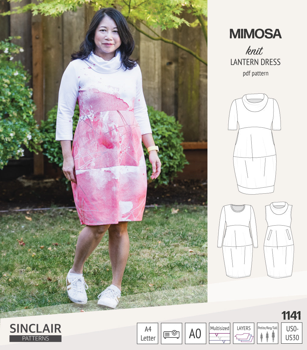 Mimosa lantern style knit dress with a cowl and pockets (PDF) Sinclair Patterns Mimosa lantern style knit dress with a cowl and pockets (PDF) Sinclair Patterns