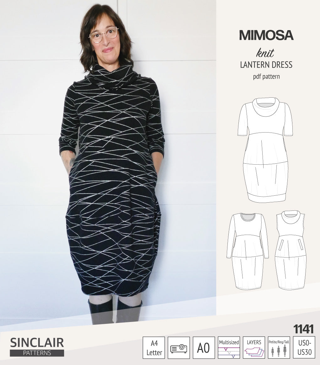 Mimosa lantern style knit dress with a cowl and pockets (PDF