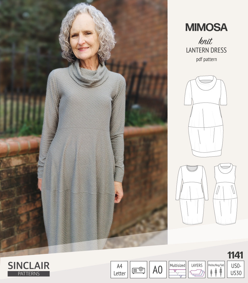 Mimosa lantern style knit dress with a cowl and pockets (PDF