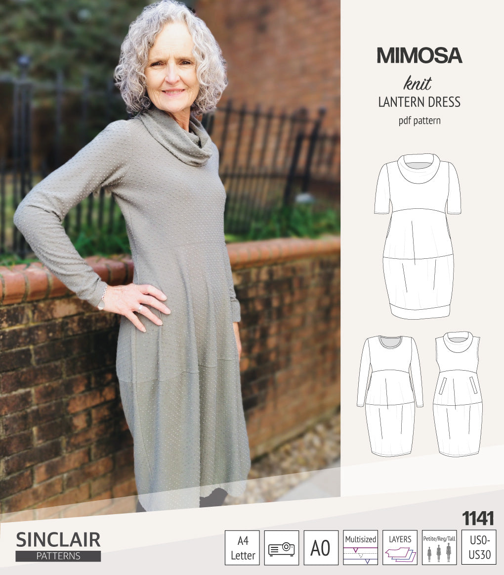 Mimosa lantern style knit dress with a cowl and pockets (PDF
