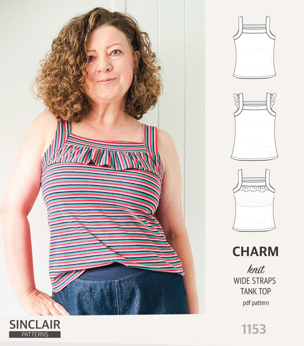 Tank Top Ruffle Pattern Charm wide straps tank top with optional ruffles (PDF) – Sinclair Patterns