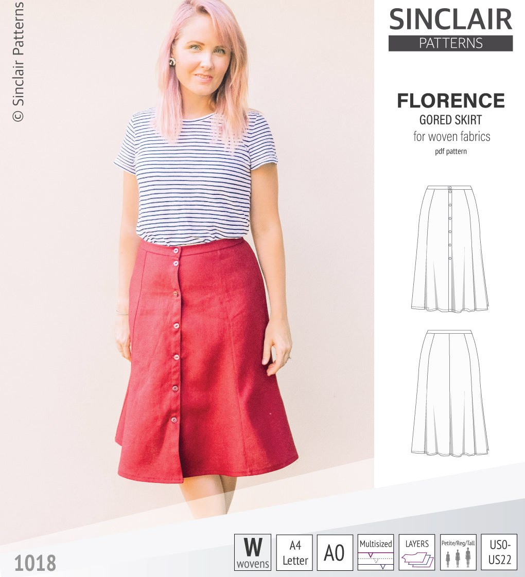 Pdf sewing pattern S1018 Florence 8 gored skirt with buttons or zipper for woven fabrics by Sinclair Patterns
