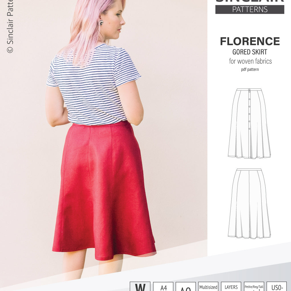Pdf sewing pattern S1018 Florence 8 gored skirt with buttons or zipper for woven fabrics by Sinclair Patterns