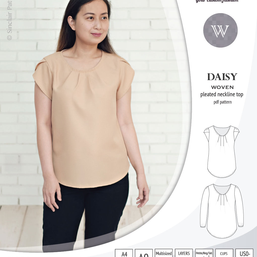 Pdf sewing pattern Daisy woven blouse top with pleated neckline and petal sleeves Sinclair Patterns