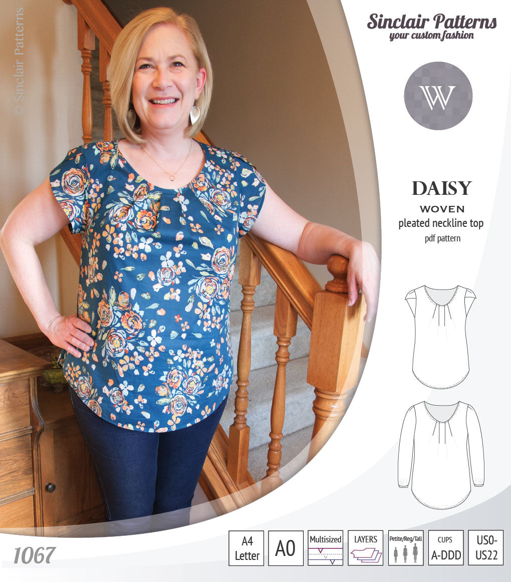 vPdf sewing pattern Daisy woven blouse top with pleated neckline and petal sleeves Sinclair Patterns