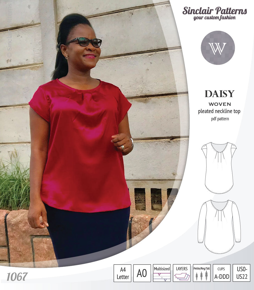 Pdf sewing pattern Daisy woven blouse top with pleated neckline and petal sleeves Sinclair Patterns