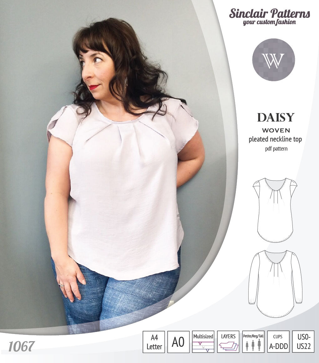 Pdf sewing pattern Daisy woven blouse top with pleated neckline and petal sleeves Sinclair Patterns