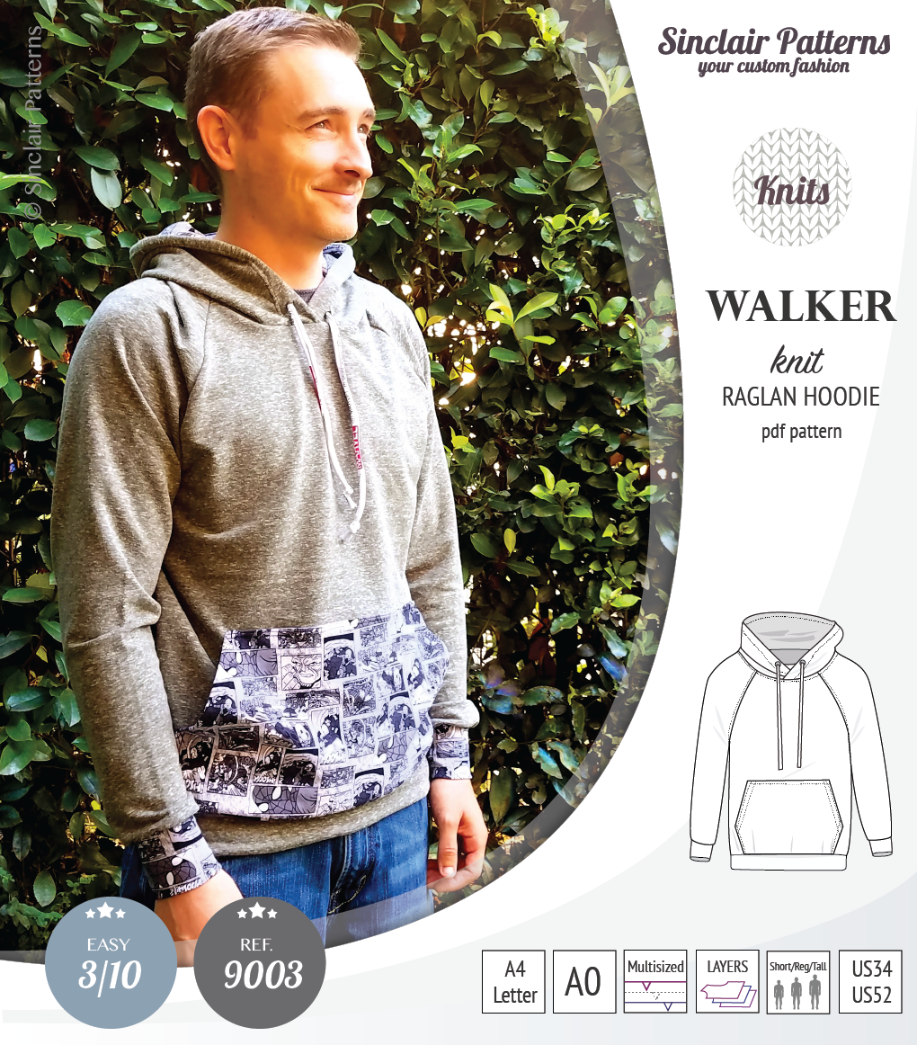 Sewing pattern pdf S9003 Walker knit raglan hoodie for men by Sinclair Patterns