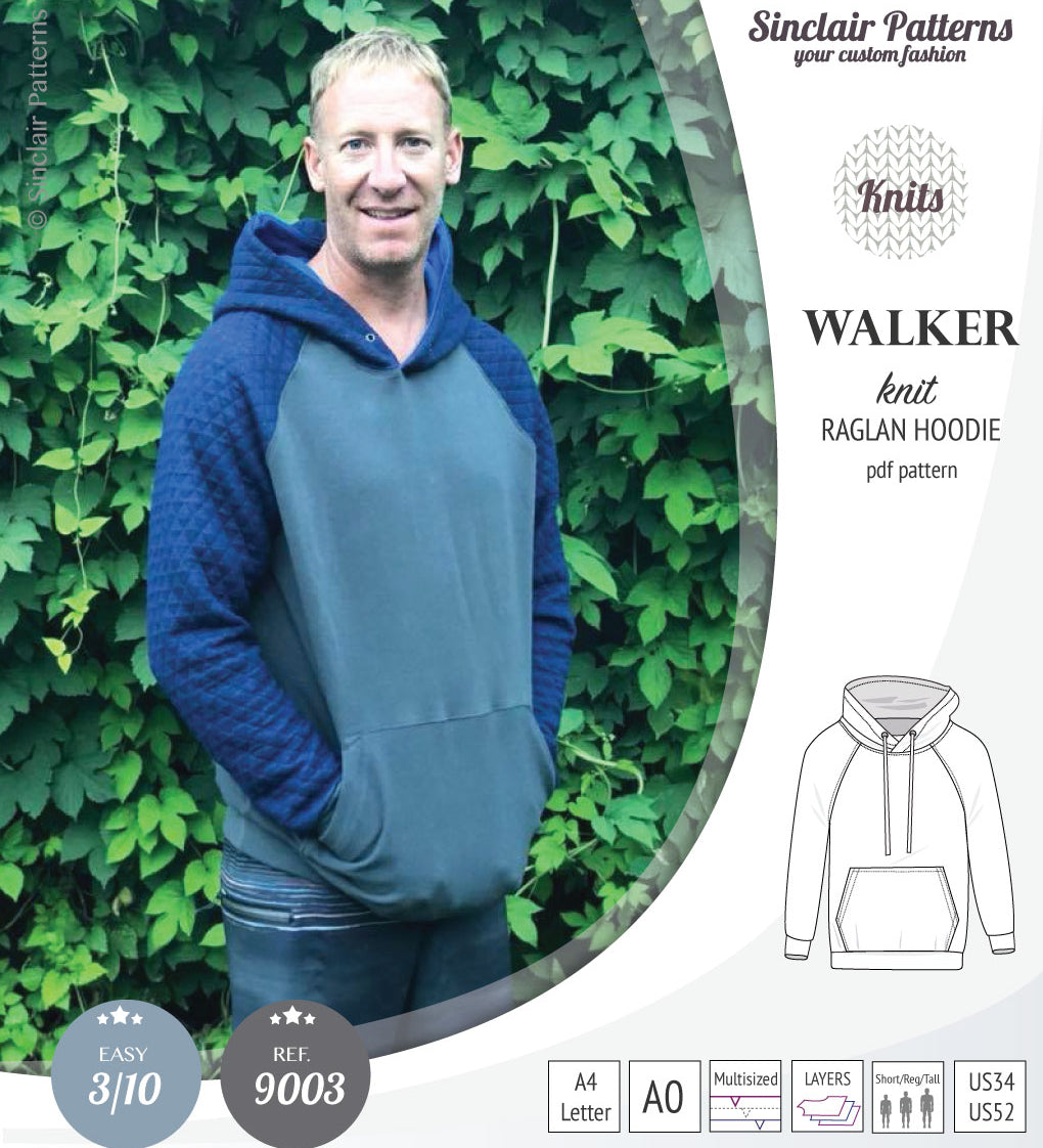Sewing pattern pdf S9003 Walker knit raglan hoodie for men by Sinclair Patterns