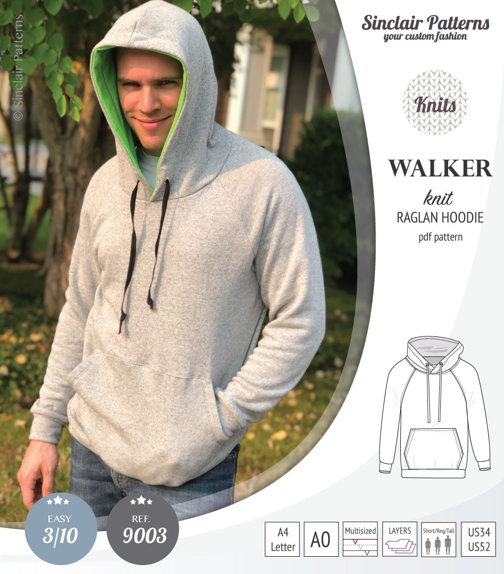 Sewing pattern pdf S9003 Walker knit raglan hoodie for men by Sinclair Patterns