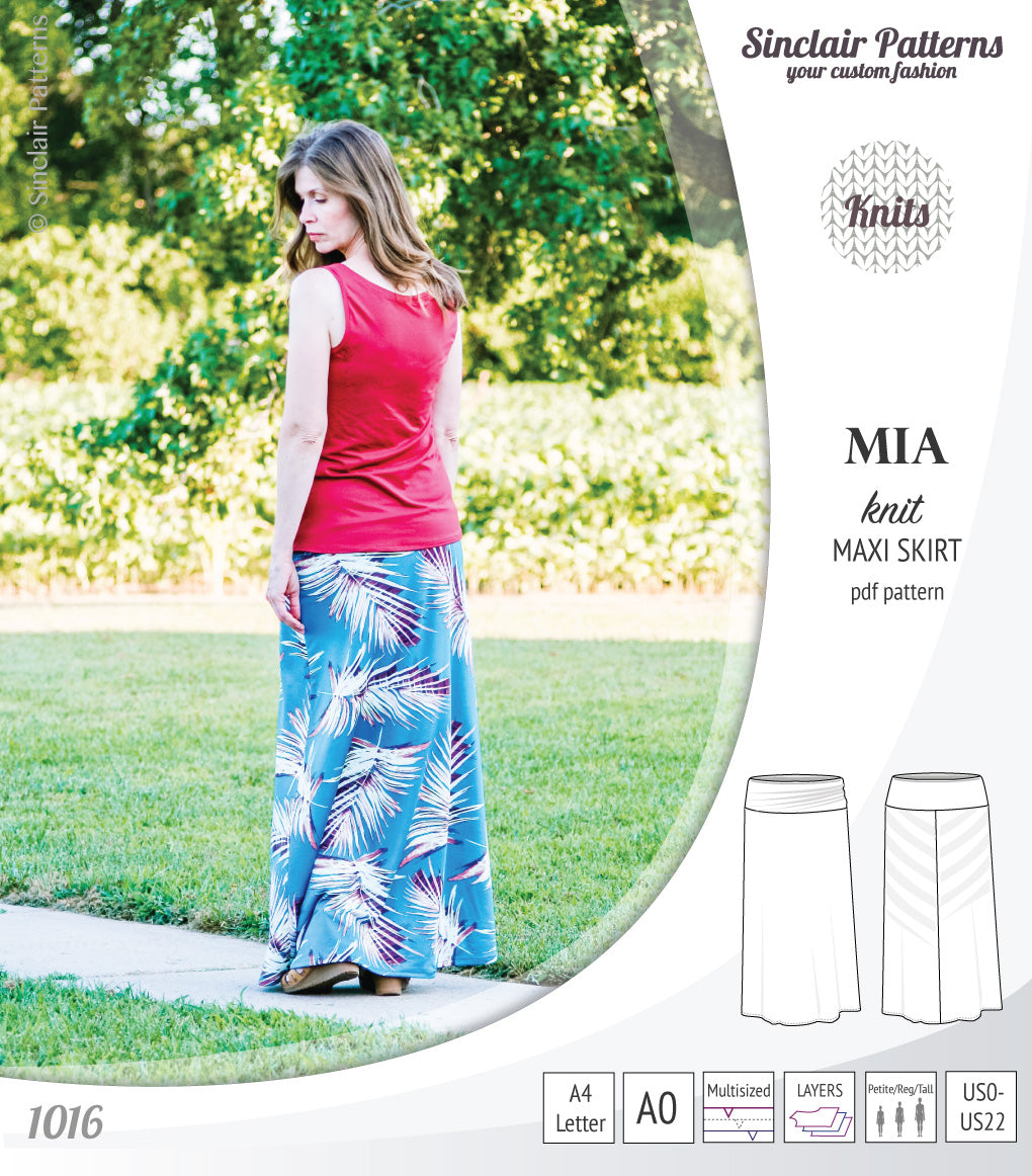 Mia knit maxi skirt with side slits and yoga style waistband (PDF