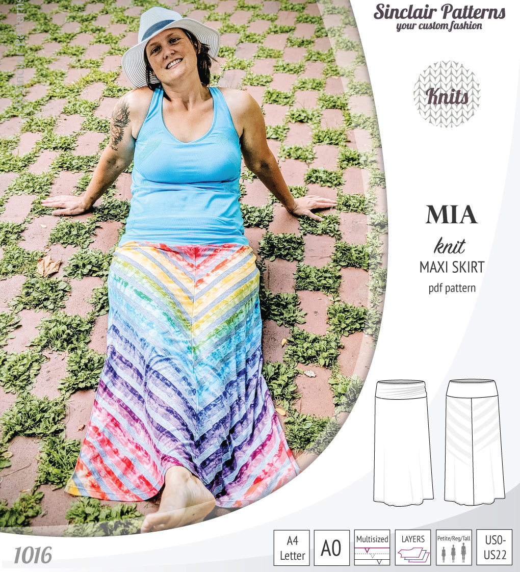 Pdf sewing pattern Mia knit jersey maxi or midi skirt with yoga waistband and side slits
