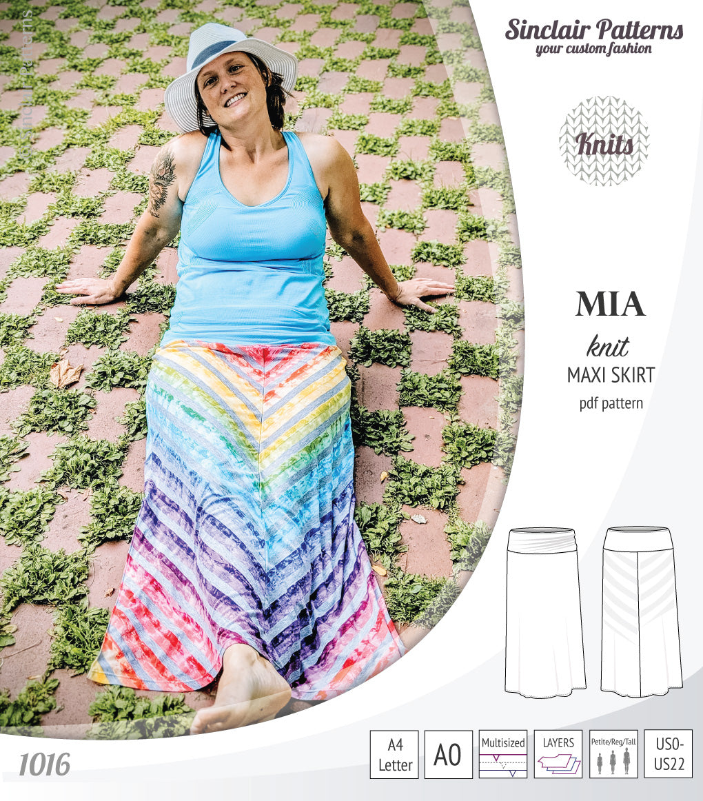 Pdf sewing pattern Mia knit jersey maxi or midi skirt with yoga waistband and side slits