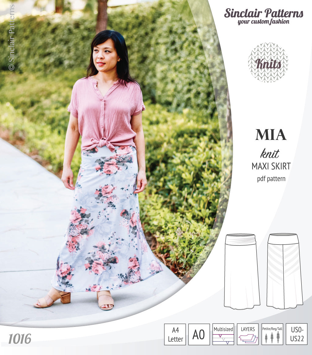 Mia knit maxi skirt with side slits and yoga style waistband (PDF