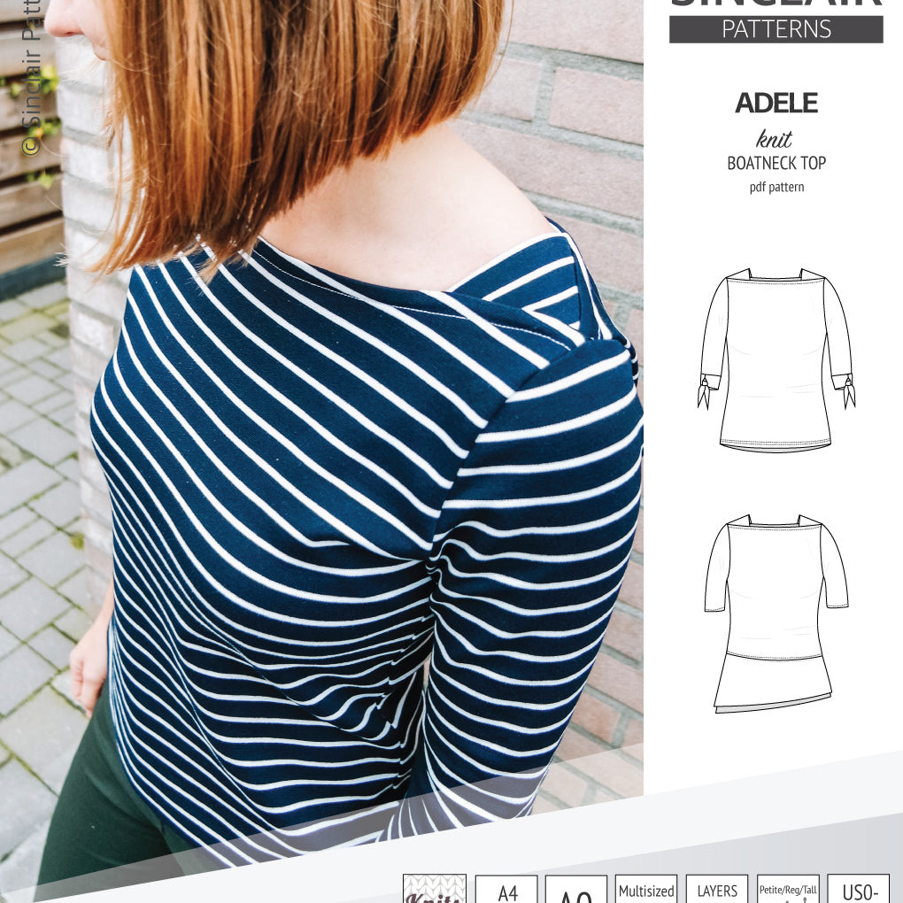 Pdf sewing pattern S1022 Adele knit boatneck top with shoulder inserts and tied sleeves by Sinclair Patterns