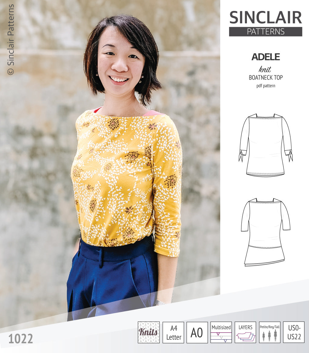 Pdf sewing pattern S1022 Adele knit boatneck top with shoulder inserts and tied sleeves by Sinclair Patterns