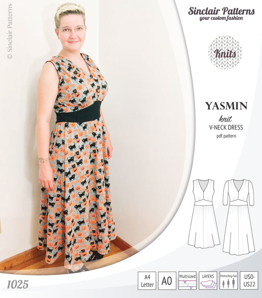 Yasmin V neck knit dress with pleated accents (PDF) - Sinclair Patterns